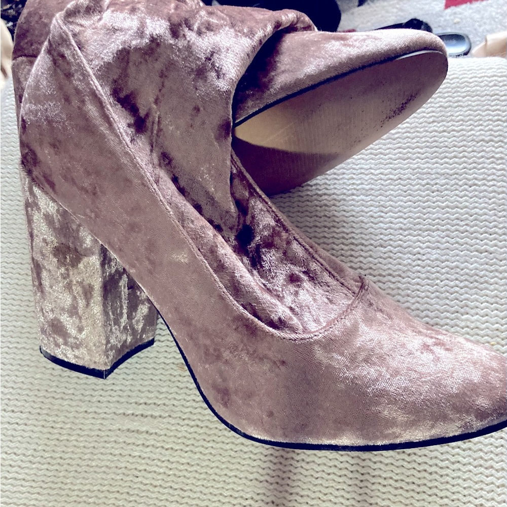 Dressy holiday tan velour thigh high boots with tall wide heel, size 8.5